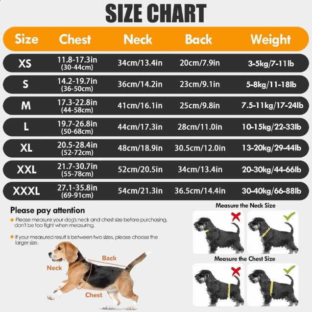 Dog Anxiety Vest Size Chart - measurements by chest, neck, back, and weight